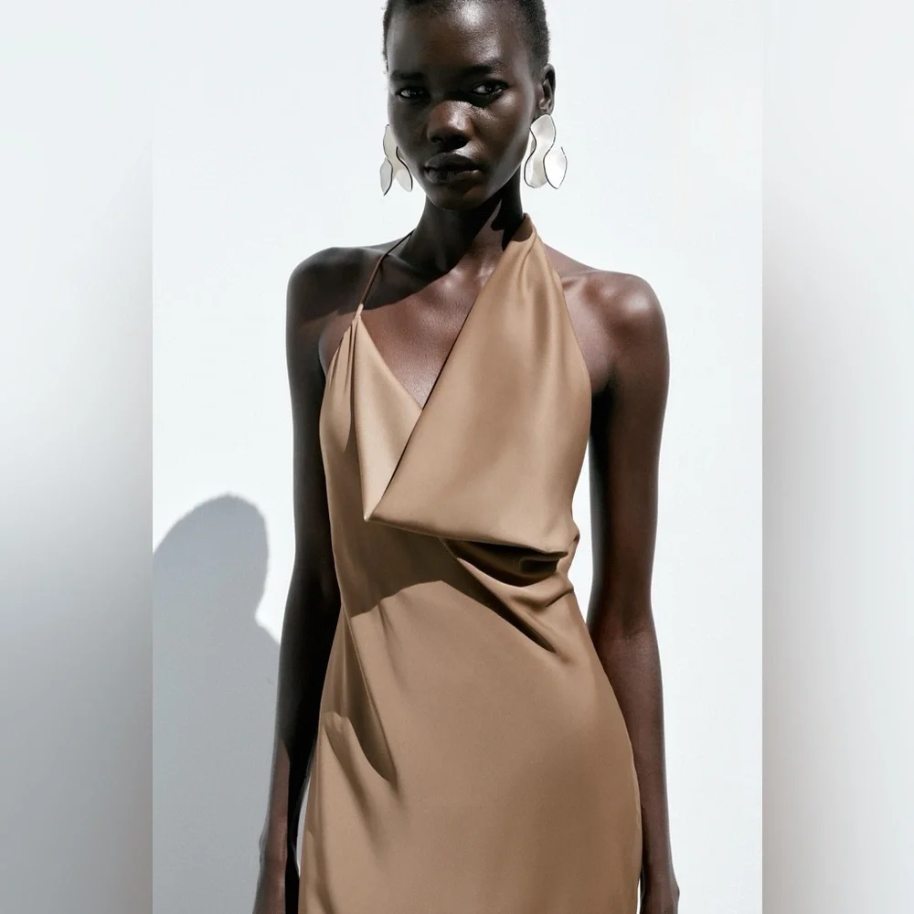 Zara Brown Halter satin maxi Dress evening wedding party cocktail - Picture 4 of 6